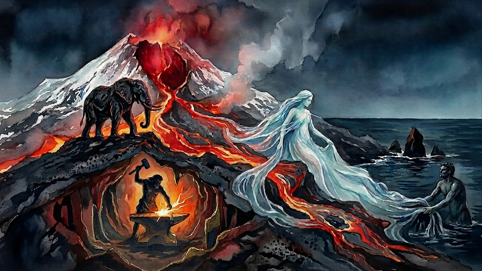 Illustrazione artistica ad acquerello ispirata alla poesia 'L'Eco Incandescente degli Abissi' sui Miti e Leggende di Catania scritta da 'Aedo Invisibile.