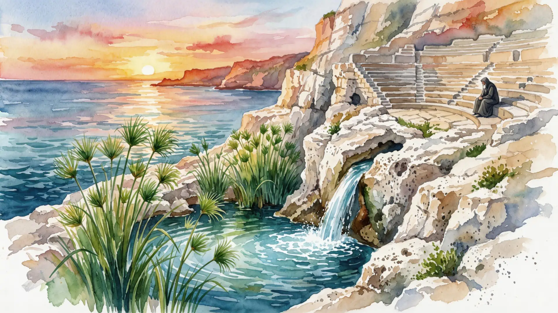 Illustrazione artistica ad acquerello ispirata alla poesia dal titolo 'Il Cuore Liquido della Pietra' sui Miti e Leggende di Siracusa scritta da 'Aedo Invisibile.'