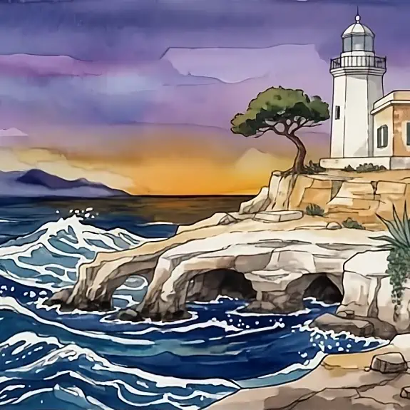 Illustrazione ad acquerello del crepuscolo sul mare di Sicilia, con un candido faro mediterraneo su scogliere dorate.