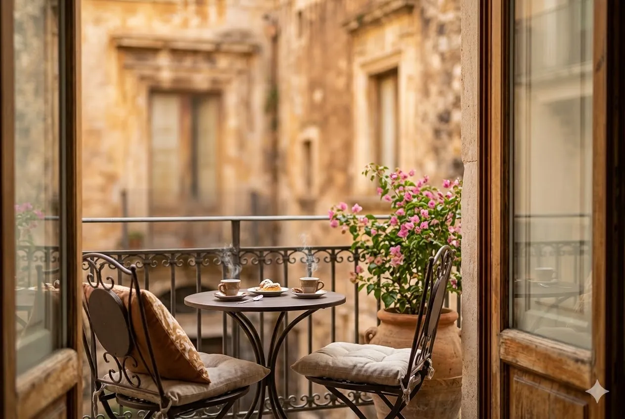 Ampio balcone arredato di Casa Antonello a Catania, Sicilia: affaccio su un tranquillo cortile interno.