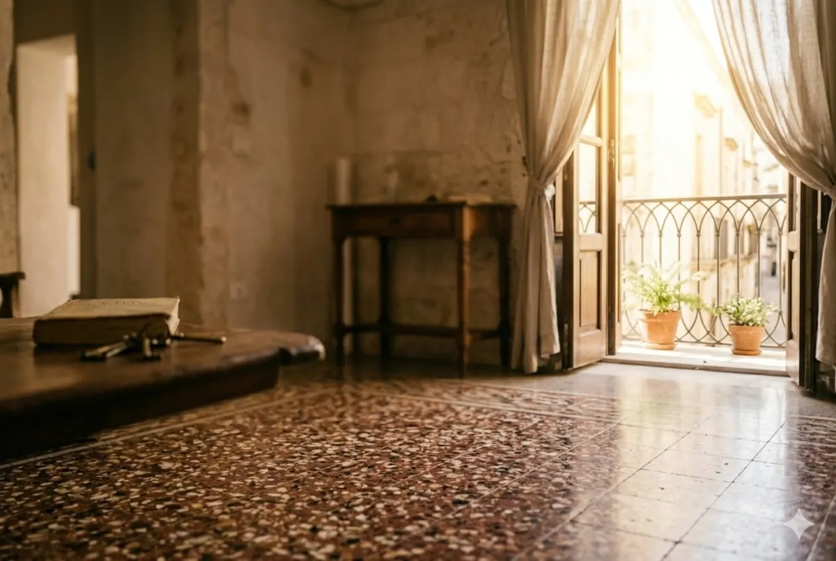 Cucina-Soggiorno luminosa con piastrelle in graniglia di Casa Aurora, casa vacanza a Siracusa, Sicilia.