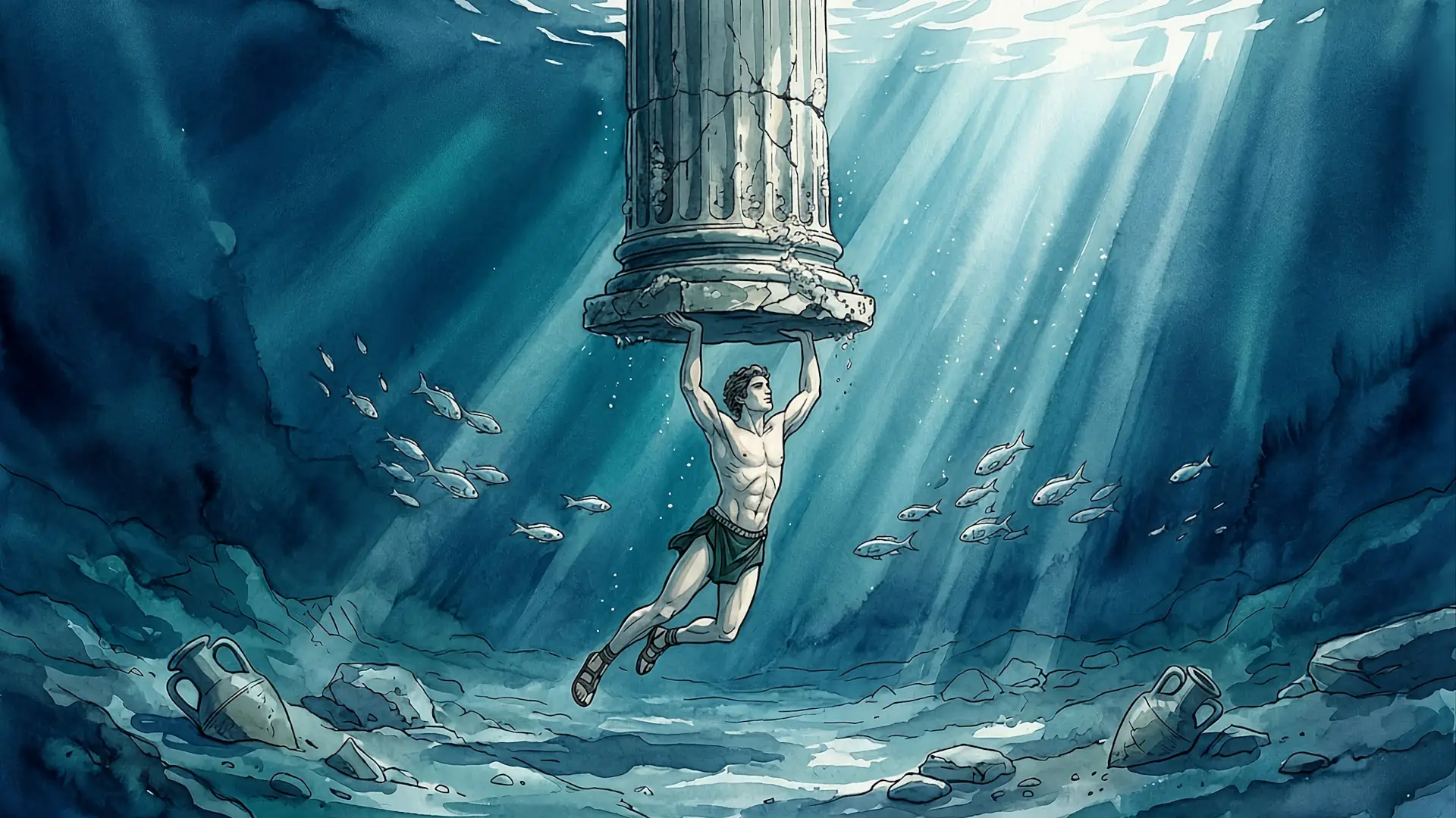 Illustrazione artistica ad acquerello della leggenda popolare di Colapesce