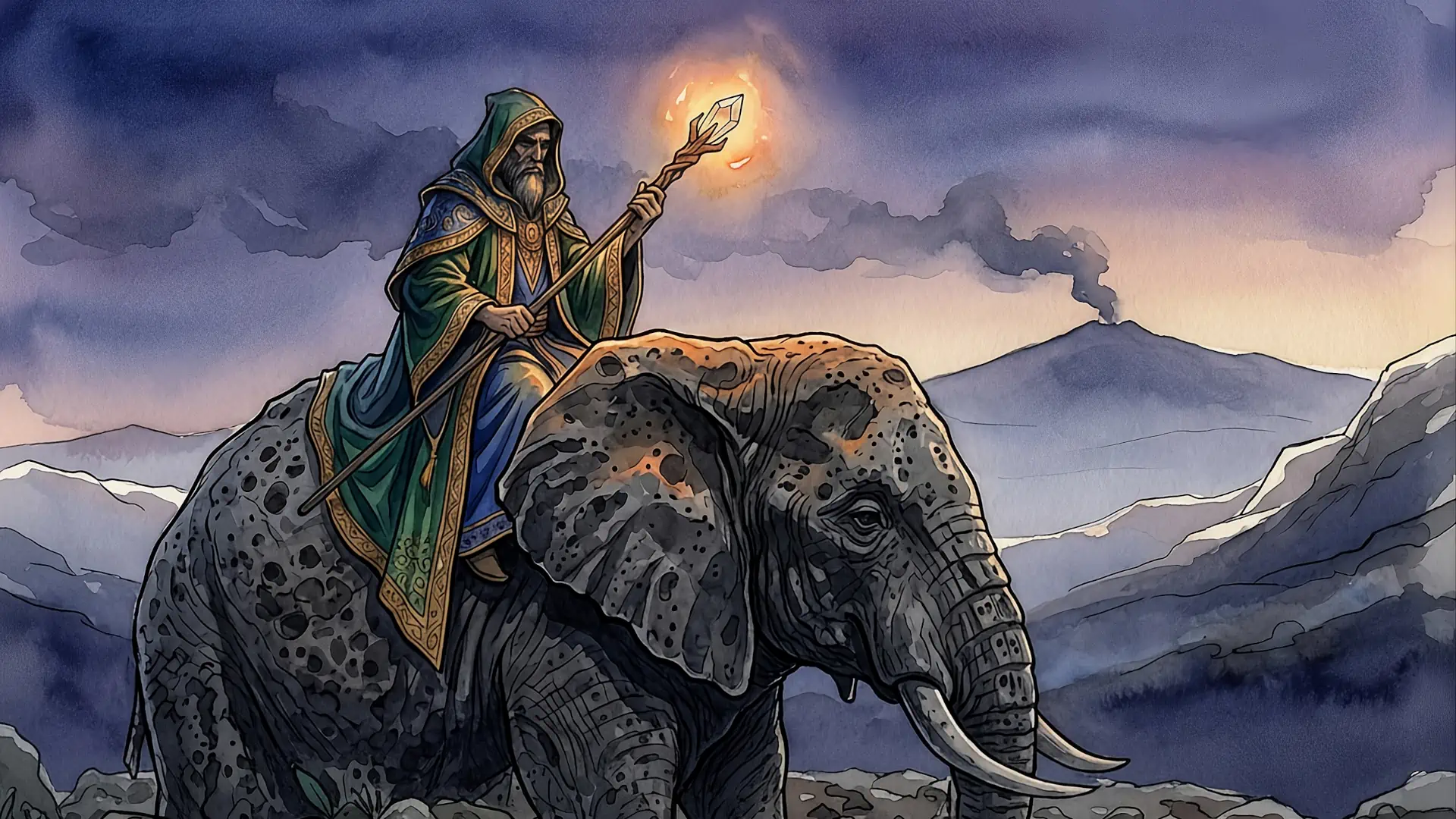 Illustrazione artistica ad acquerello della leggenda popolare dell'elefante guardiano, u Liotru, e il Mago Elidoro
