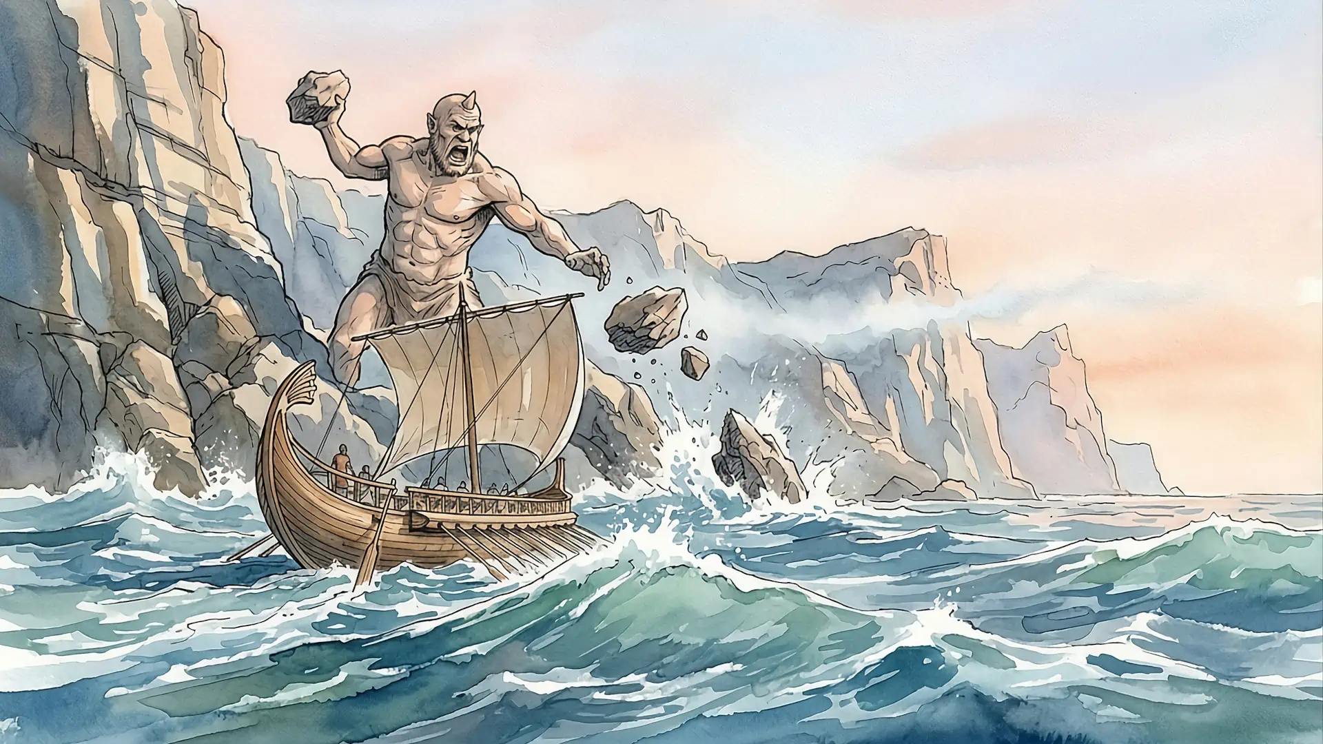 Illustrazione artistica ad acquerello del mito greco di Ulisse e il Ciclope Polifemo