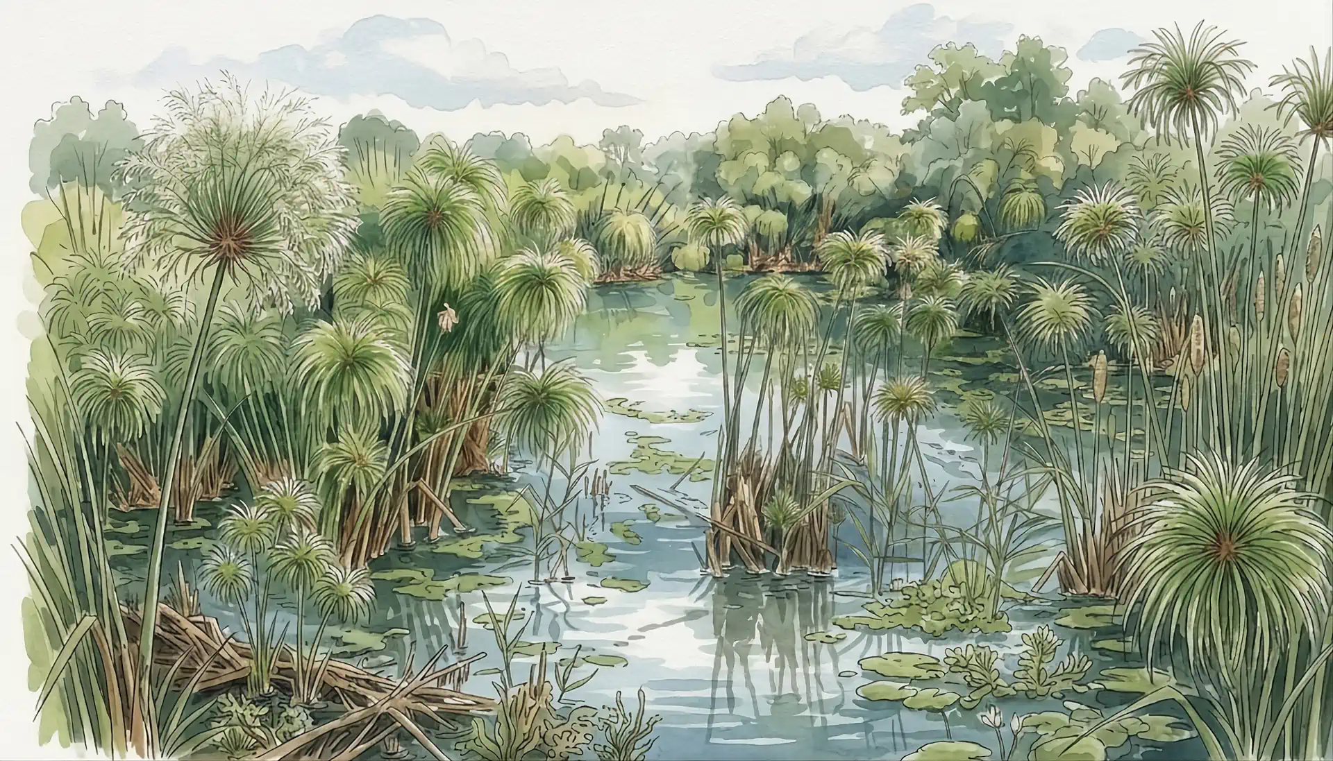Illustrazione ad acquerello della Fonte Ciane a Siracusa in Sicilia, con le sponde avvolte dalla vegetazione di papiro (Cyperus papyrus) che si affaccia sulle acque placide.