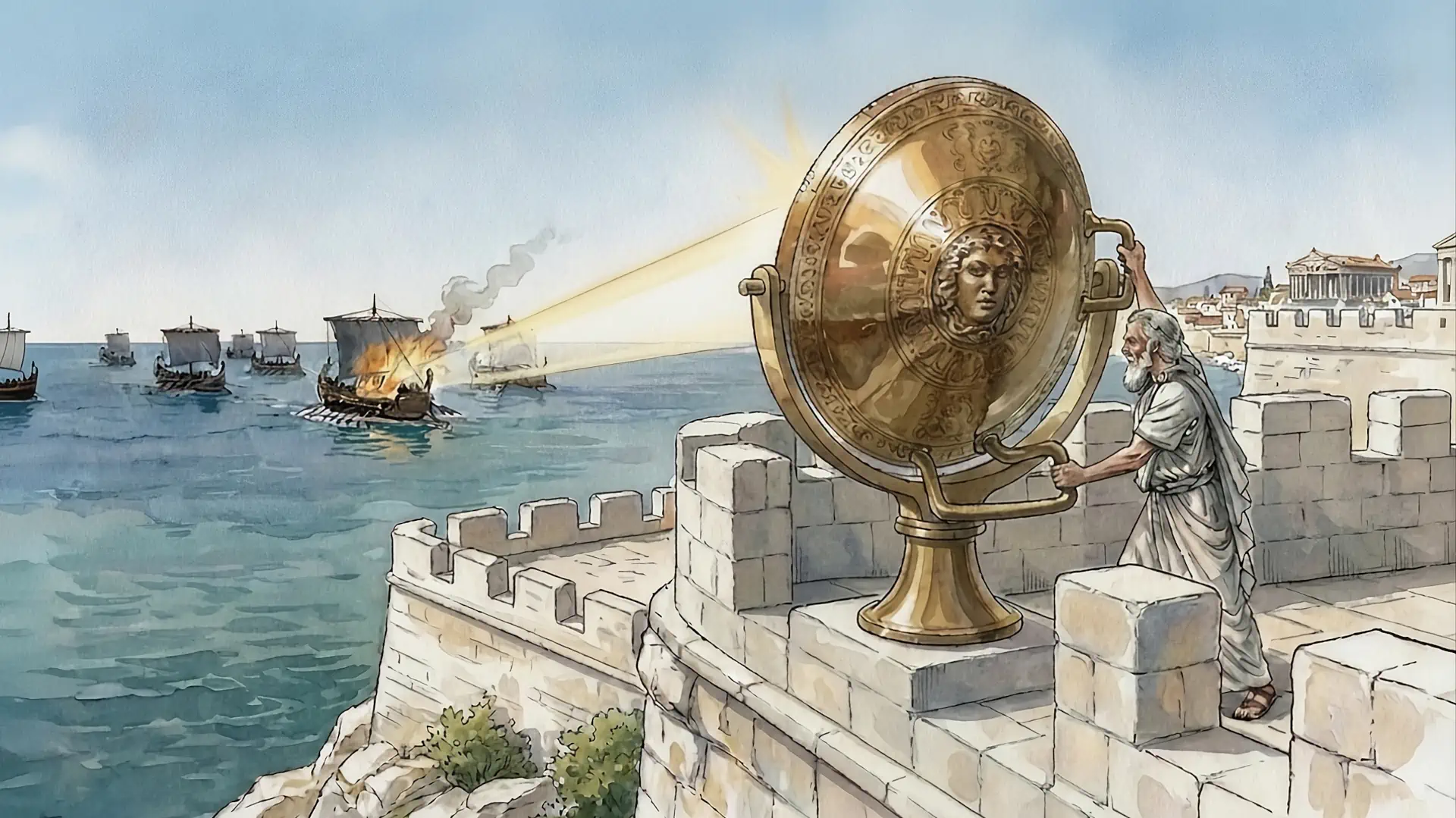 Illustrazione artistica ad acquerello della leggenda scientifica degli Specchi Ustori di Archimede