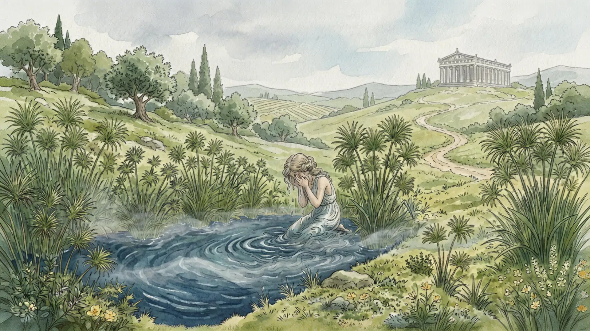 Illustrazione artistica ad acquerello del mito greco di Ciane e Anapo
